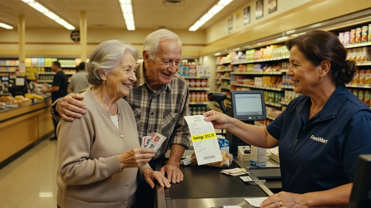 Elderly couple saving at checkout with coupons