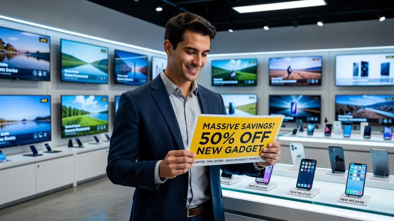 Man with coupon in electronics store